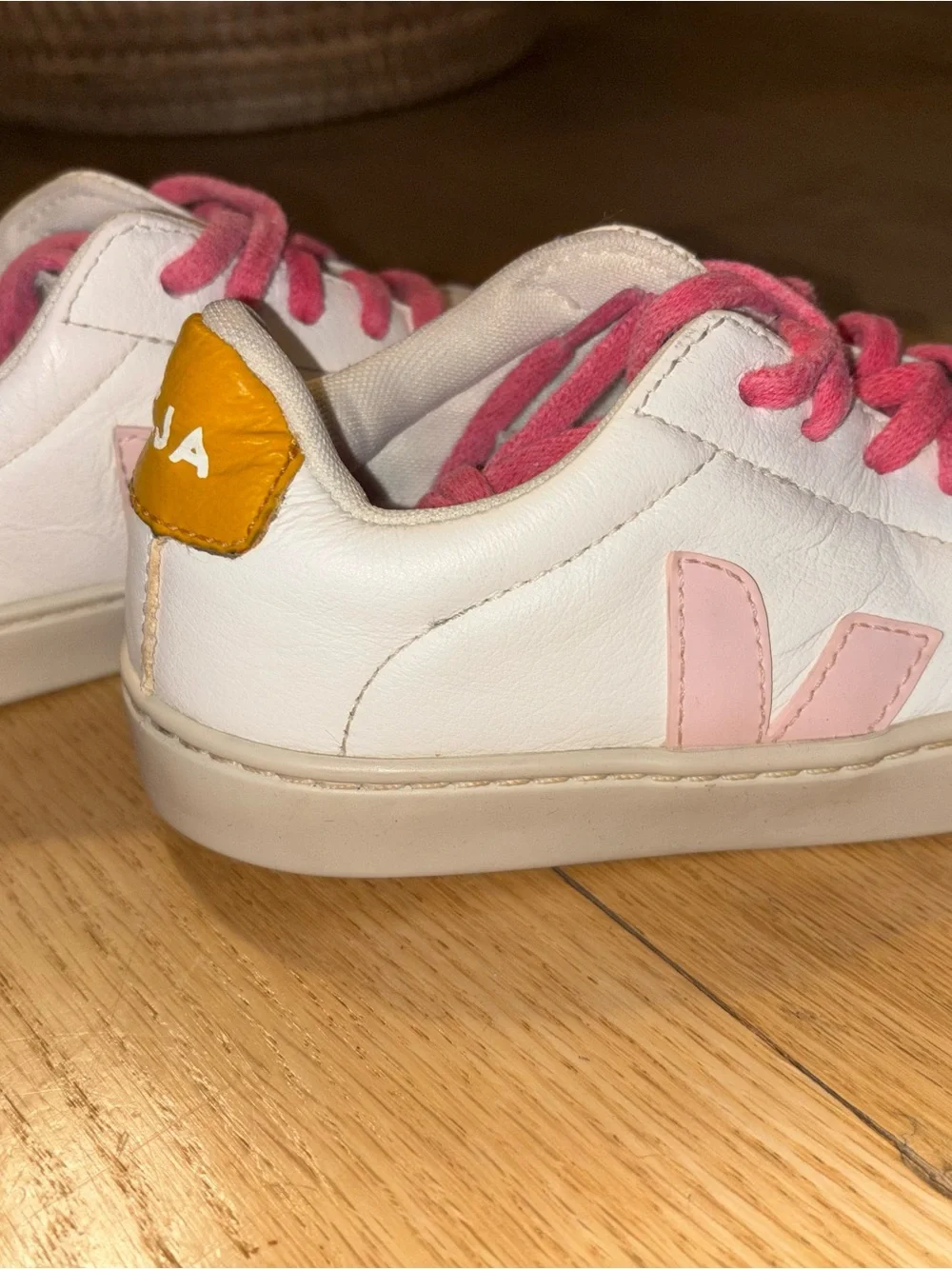 Veja Kids White Sneakers with Pink Accents and Yellow Heel Tab